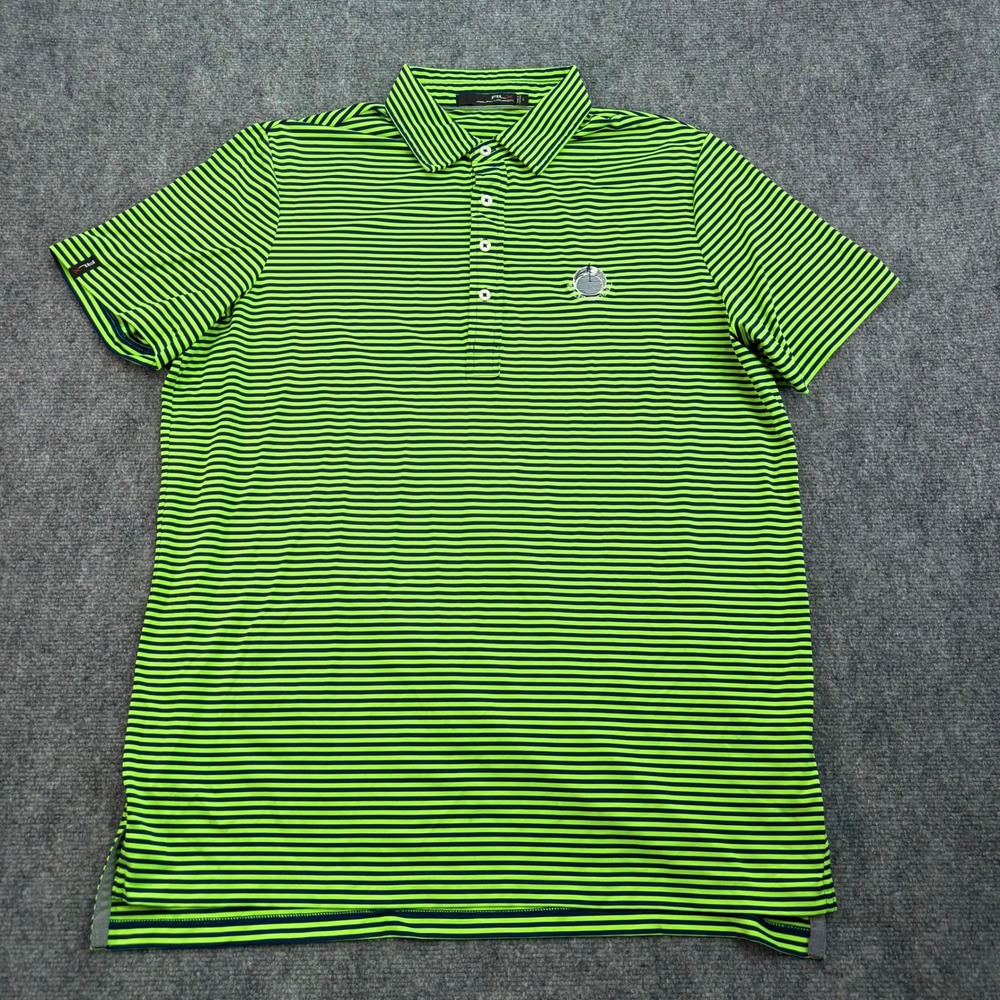 RLX‎ Ralph Lauren Polo Shirt Mens Large Green Navy Stripe Butler National Golf